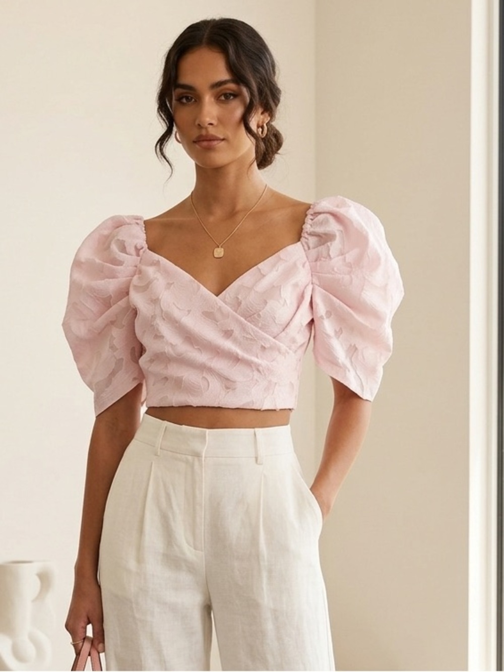 Pink Owl Womens Puff Sleeve Crop Top - Light Pink